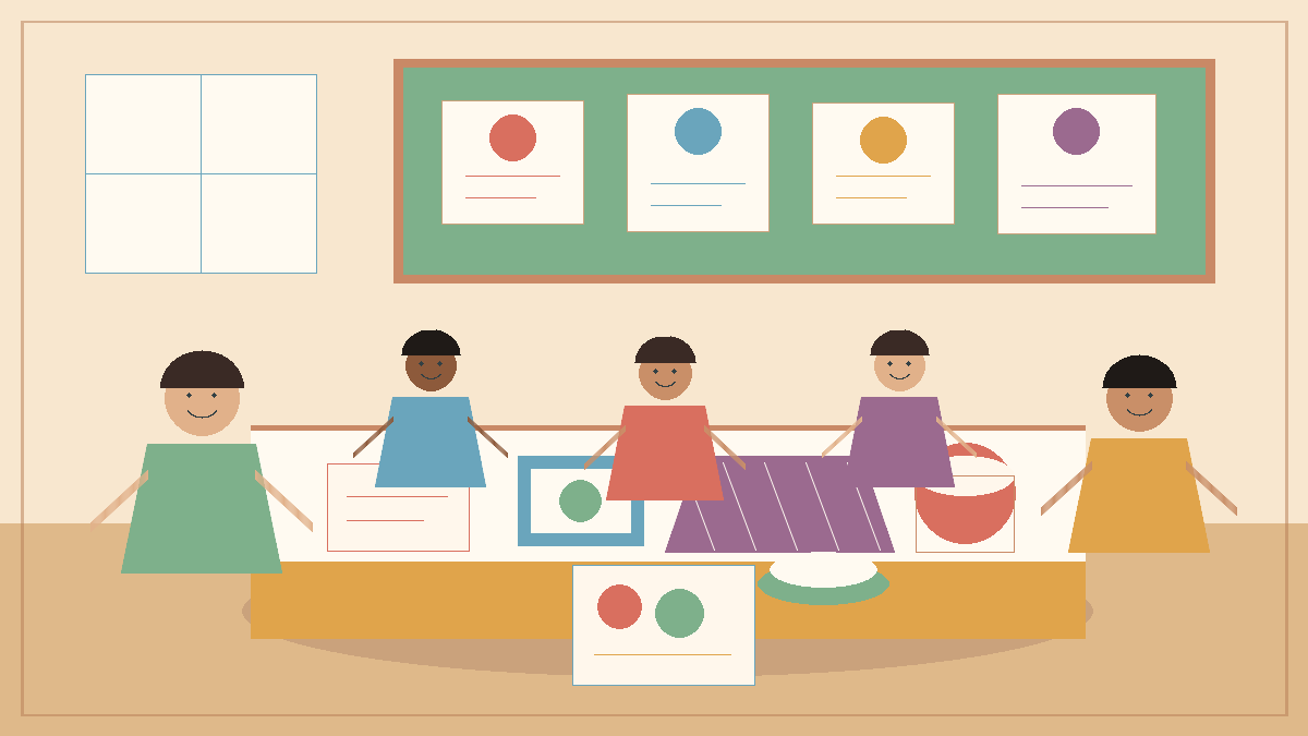 Preschool children and a teacher share family culture items in a bright classroom.
