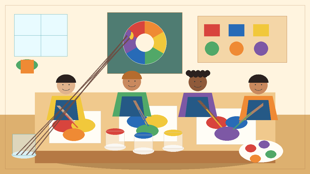 Preschool children mix red, blue, and yellow paint during a hands-on primary colors art activity.