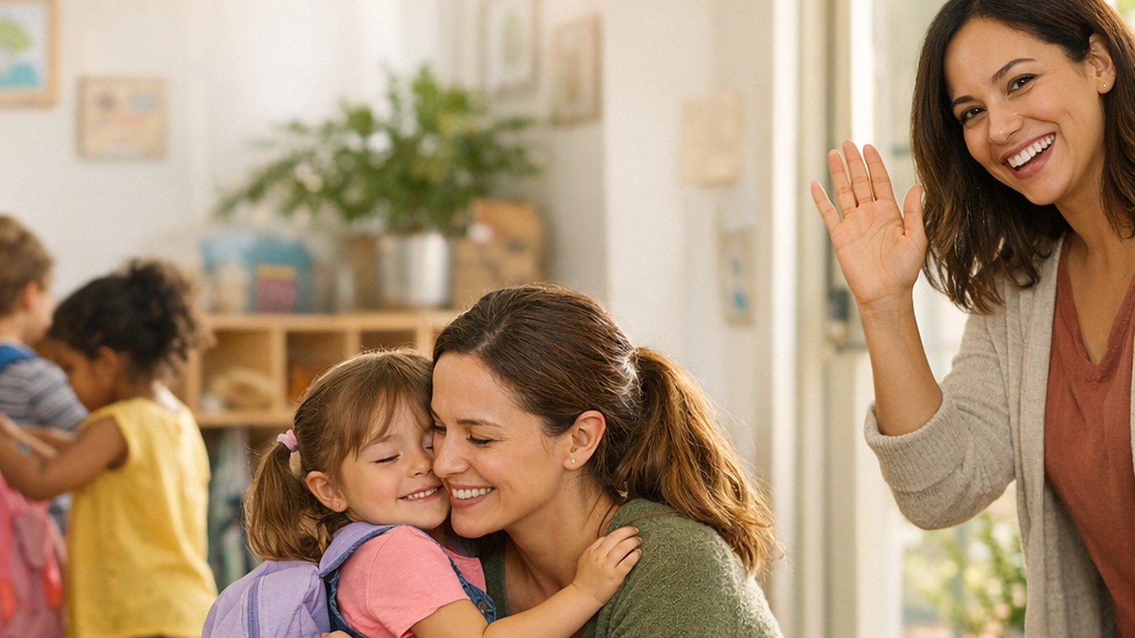 A mom hugs her preschooler goodbye at morning drop-off while a smiling teacher waves hello in a bright, cozy preschool classroom.