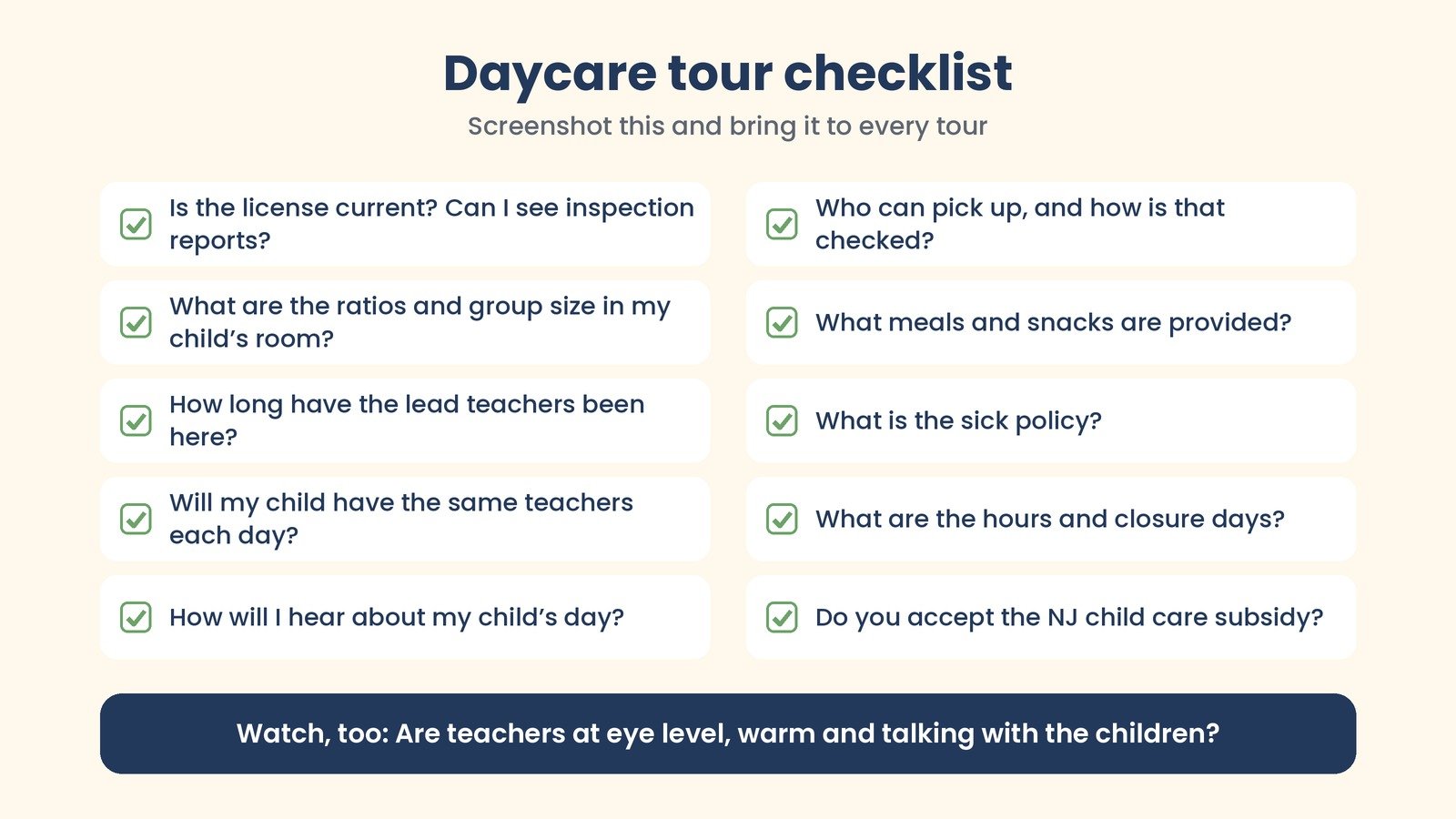 Daycare tour checklist graphic with ten questions: license and inspection reports, ratios and group size, teacher tenure, same teachers each day, daily updates, pickup authorization, meals and snacks, sick policy, hours and closure days, and NJ child care subsidy.