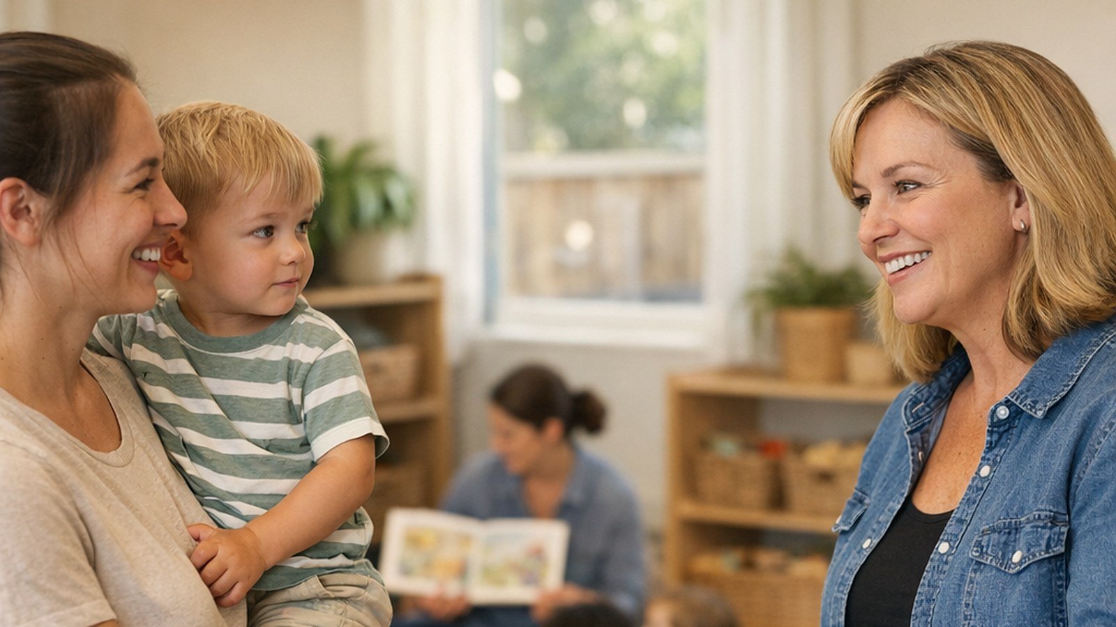 A mom holding her toddler smiles while a center director shows them around a bright classroom during a daycare tour, as a teacher reads to children in the background.