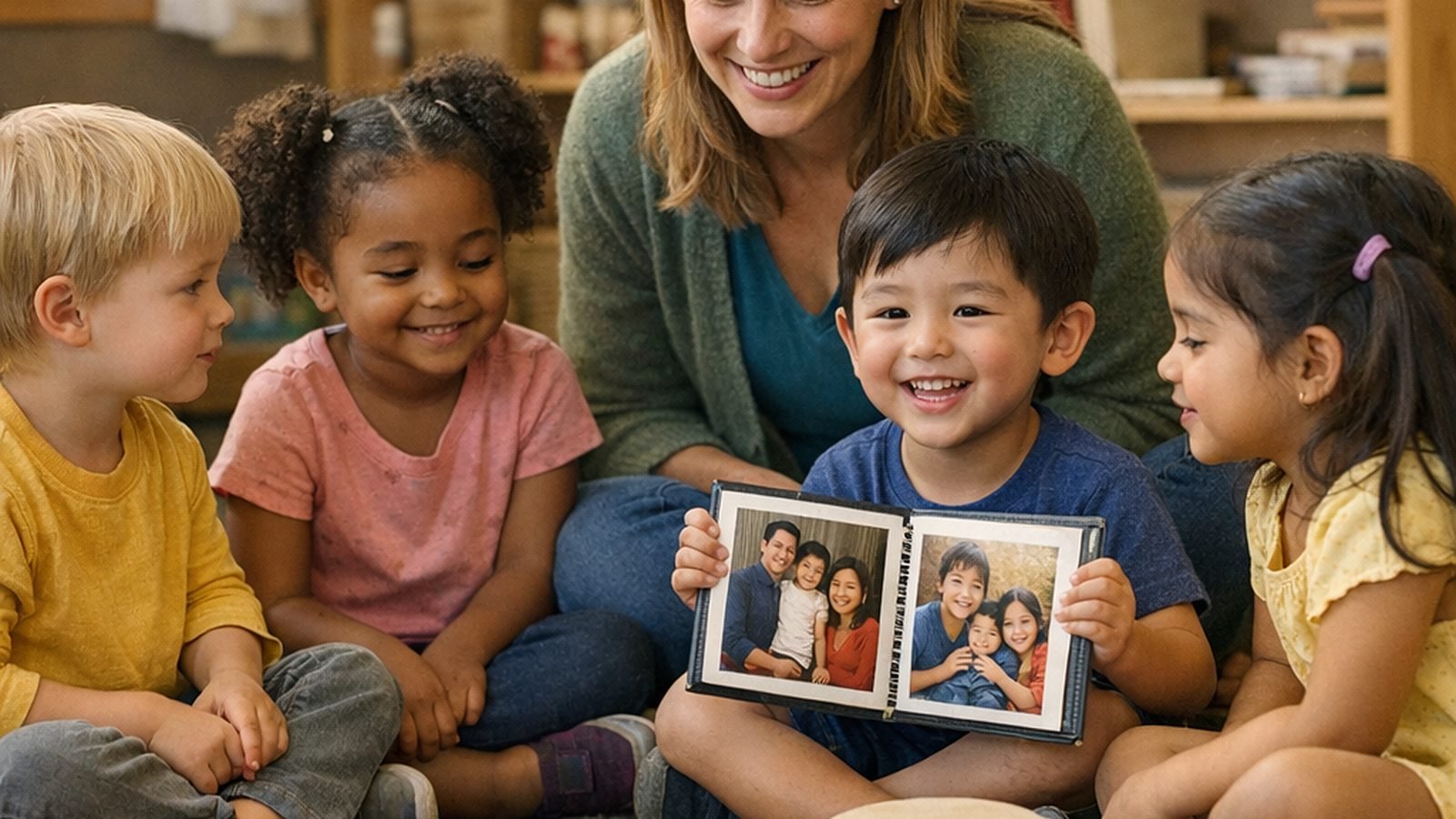 A smiling preschooler shows classmates and his teacher a family photo album on the classroom rug, next to a colorful woven blanket and a small hand drum.