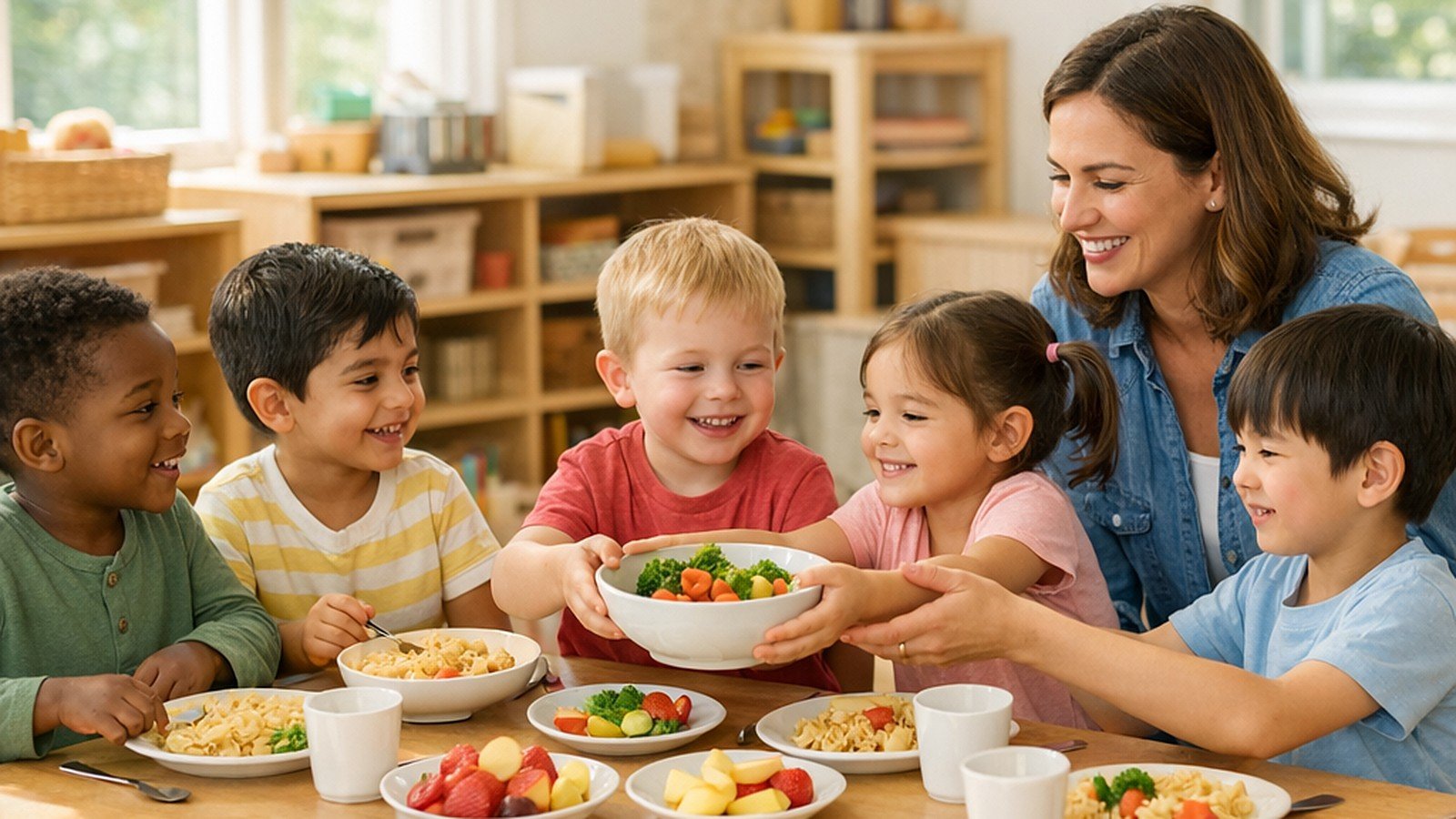 A teacher and five preschoolers share a family-style lunch of pasta, vegetables, fruit, and milk, passing a bowl around a small classroom table.