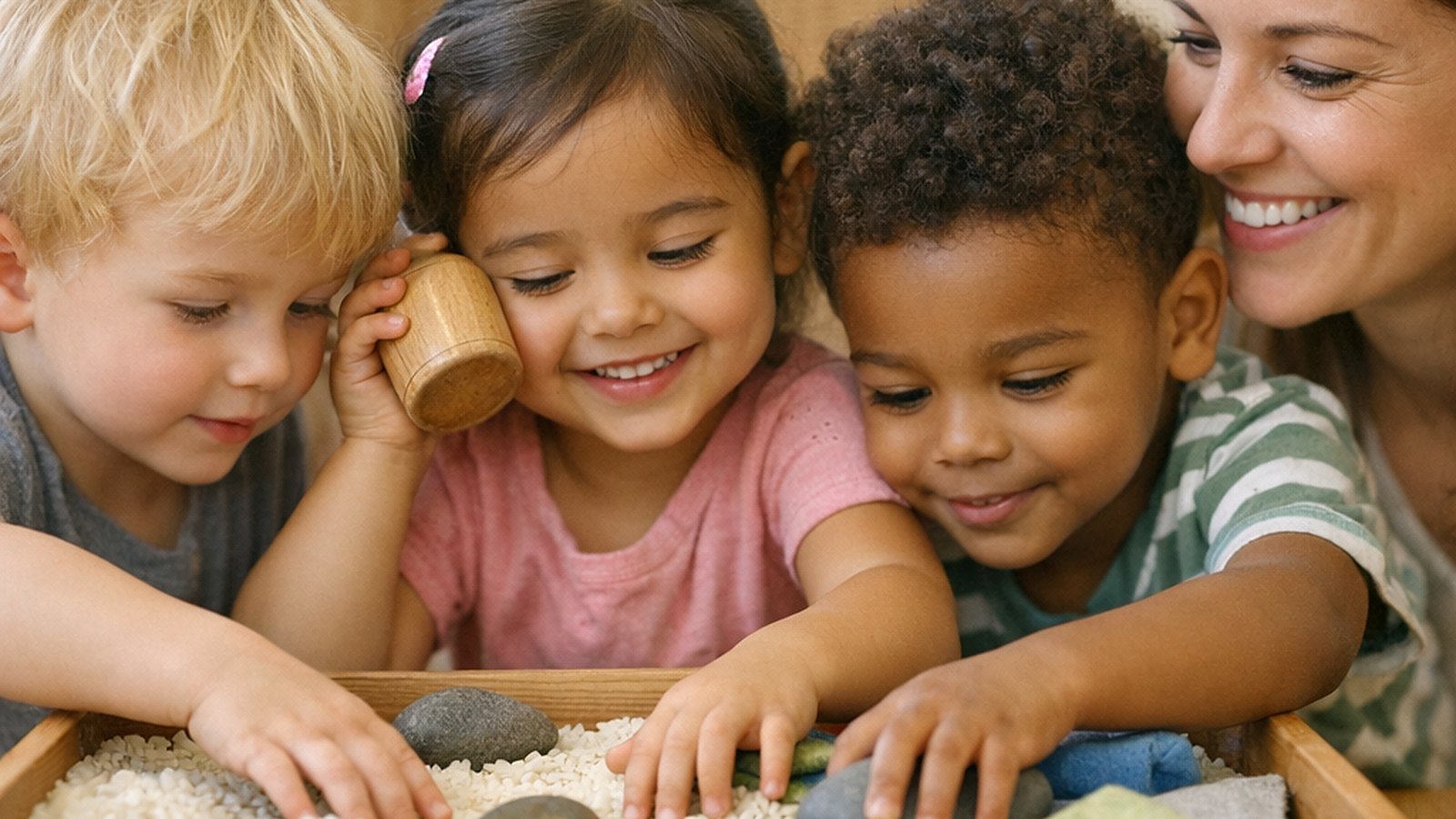 Three preschoolers dig their hands into a wooden sensory tray of rice, smooth stones and soft fabric while one listens to a wooden shaker and their teacher smiles beside them.