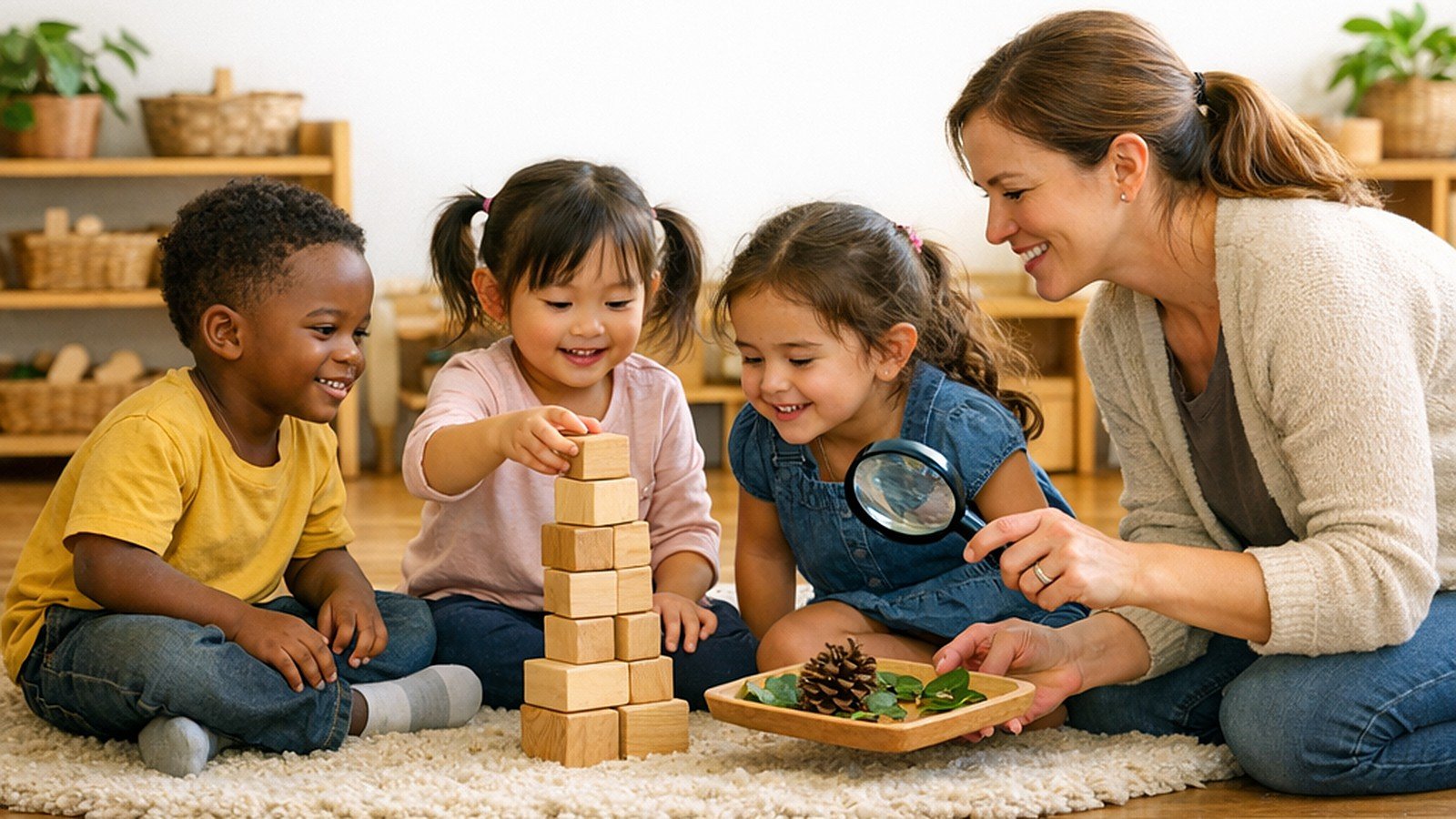 Preschoolers learning through play: three children build a wooden block tower while their teacher shows them a pinecone and leaves through a magnifying glass.