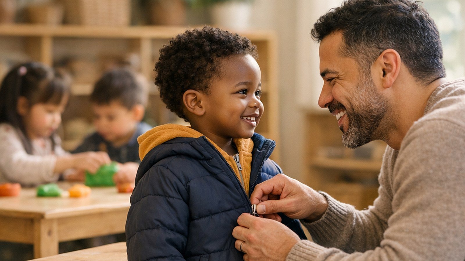 A smiling dad kneels to zip up his preschooler's jacket at the classroom cubbies while two classmates play with play dough at a table behind them.