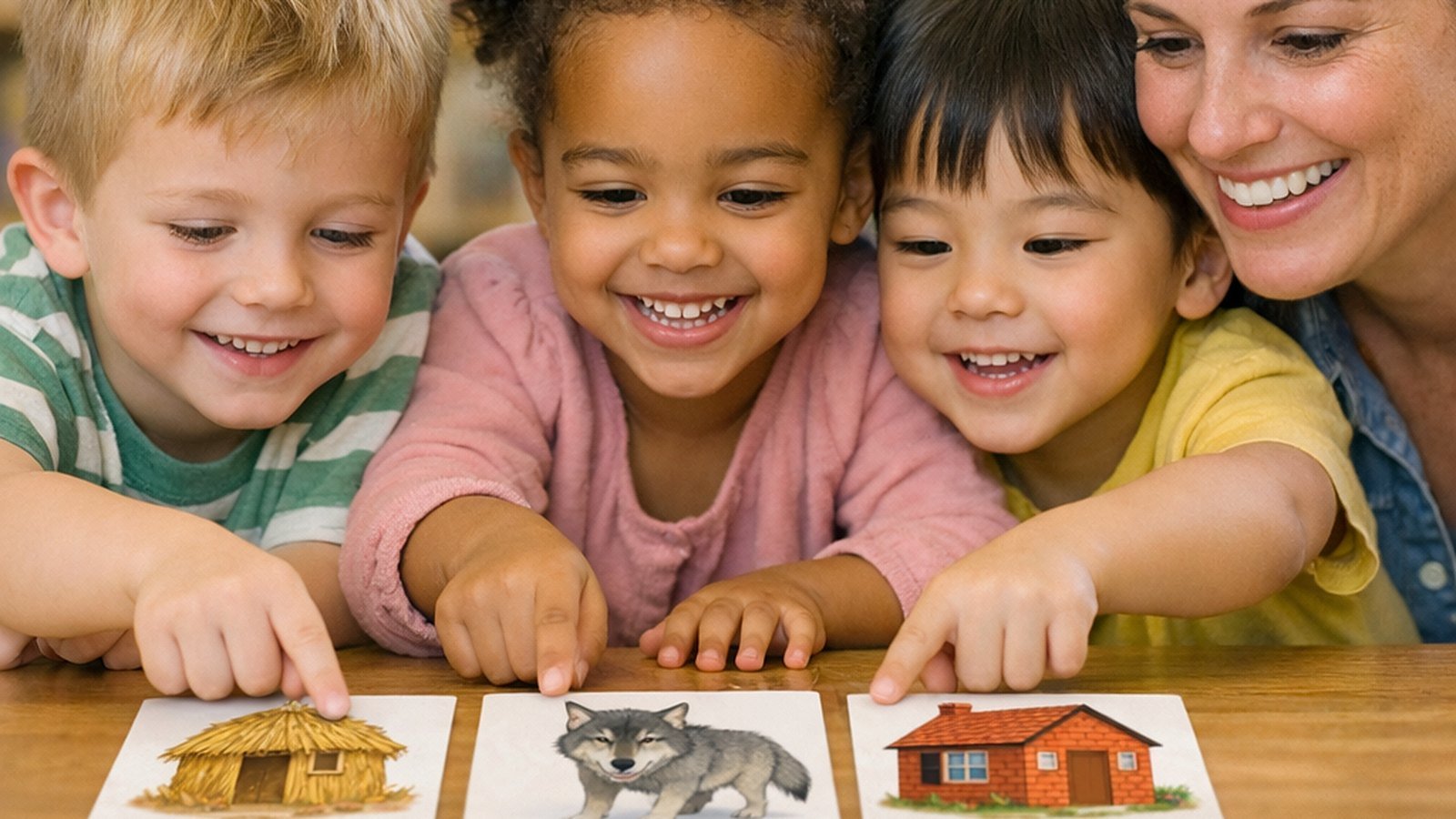 Three smiling Pre-K children point to picture cards of a straw house, a wolf and a brick house lined up in order on a table while their teacher leans in.