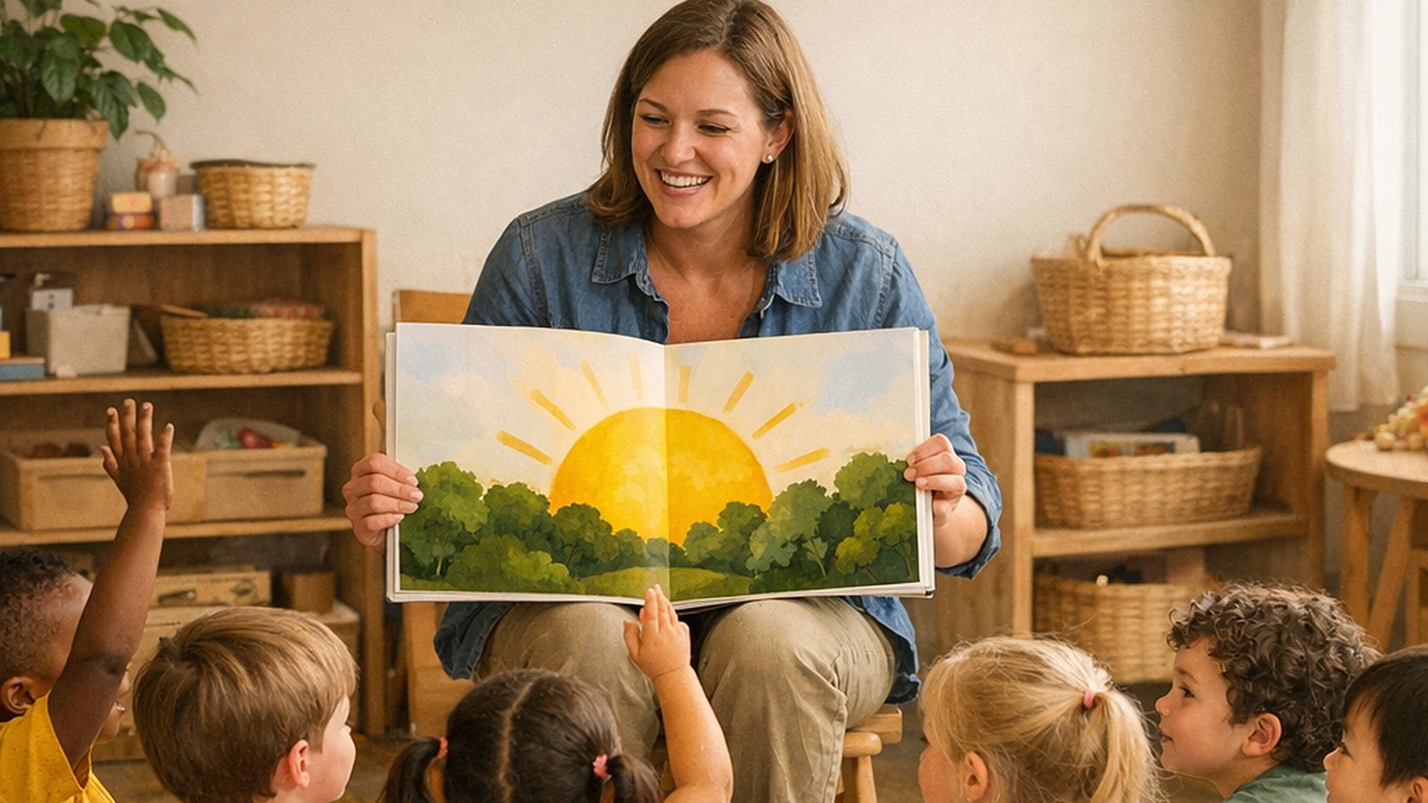 A preschool teacher holds up a picture book with a sunny illustration during circle time as a group of preschoolers sit on the rug and raise their hands.