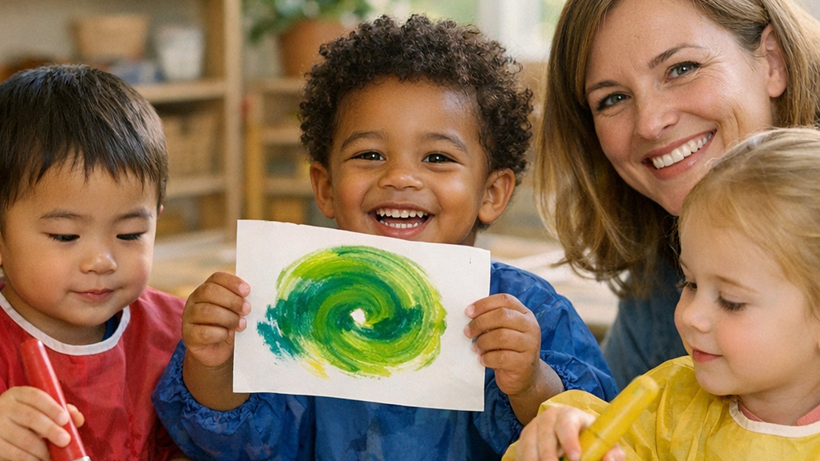 A beaming preschooler in a paint smock holds up a green swirl painting while classmates dip brushes into red, blue and yellow paint and their teacher smiles.