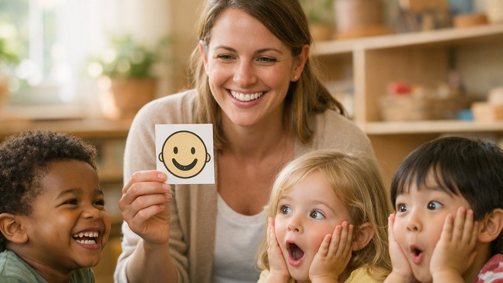 A smiling teacher holds up a happy-face card at circle time while three preschoolers act out feelings, one grinning and two making surprised faces.