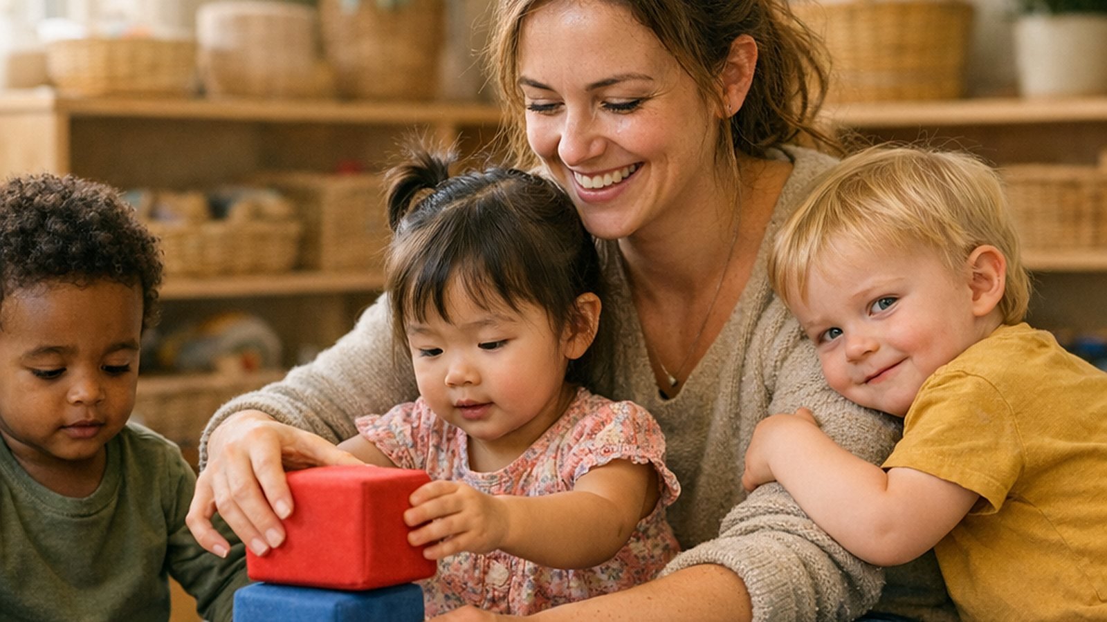 A smiling toddler teacher sits on the floor helping three toddlers stack big soft blocks while one little boy leans happily on her shoulder.